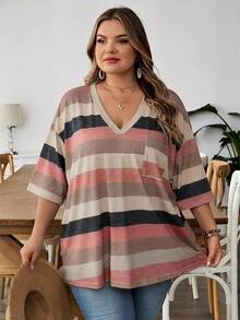 SHEIN CURVE+ Curve Plus Size/Autumn Clothes /Fall Women Clothes/Winter Clothes For Women/Winter ClothesPlus Size Women V-Neck Contrast Color Striped Pattern Loose Casual Short Sleeve T-Shirt With Pocket, Suitable For Summer - Multicolor - View 4