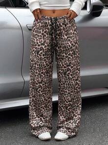 SHEIN EZwear Women's Leopard Print Drawstring Waist Loose Sweatpants - Multicolor - View 1