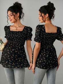 Momance Blusa elegante de maternidad con estampado floral diminuto y ajuste ceñido - Negro - Ver 3