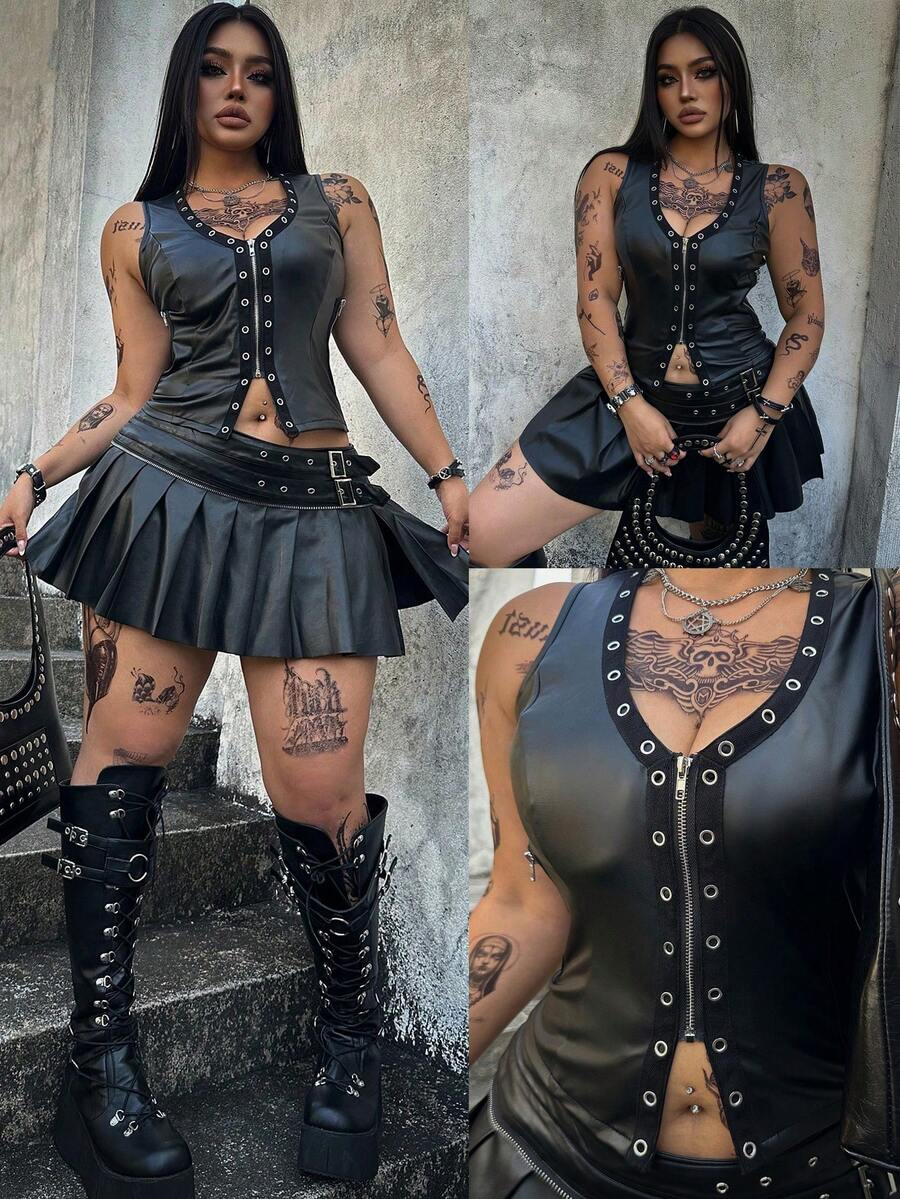 Flirla Casual Punk Music Festival Coachella Plus Size Spring/Summer Leather Blazer & Vest Set, Casual - Black - View 1