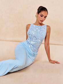 Lumalex 优雅的3D立体花朵串珠无袖连衣裙 - 藍色 - 查看 9