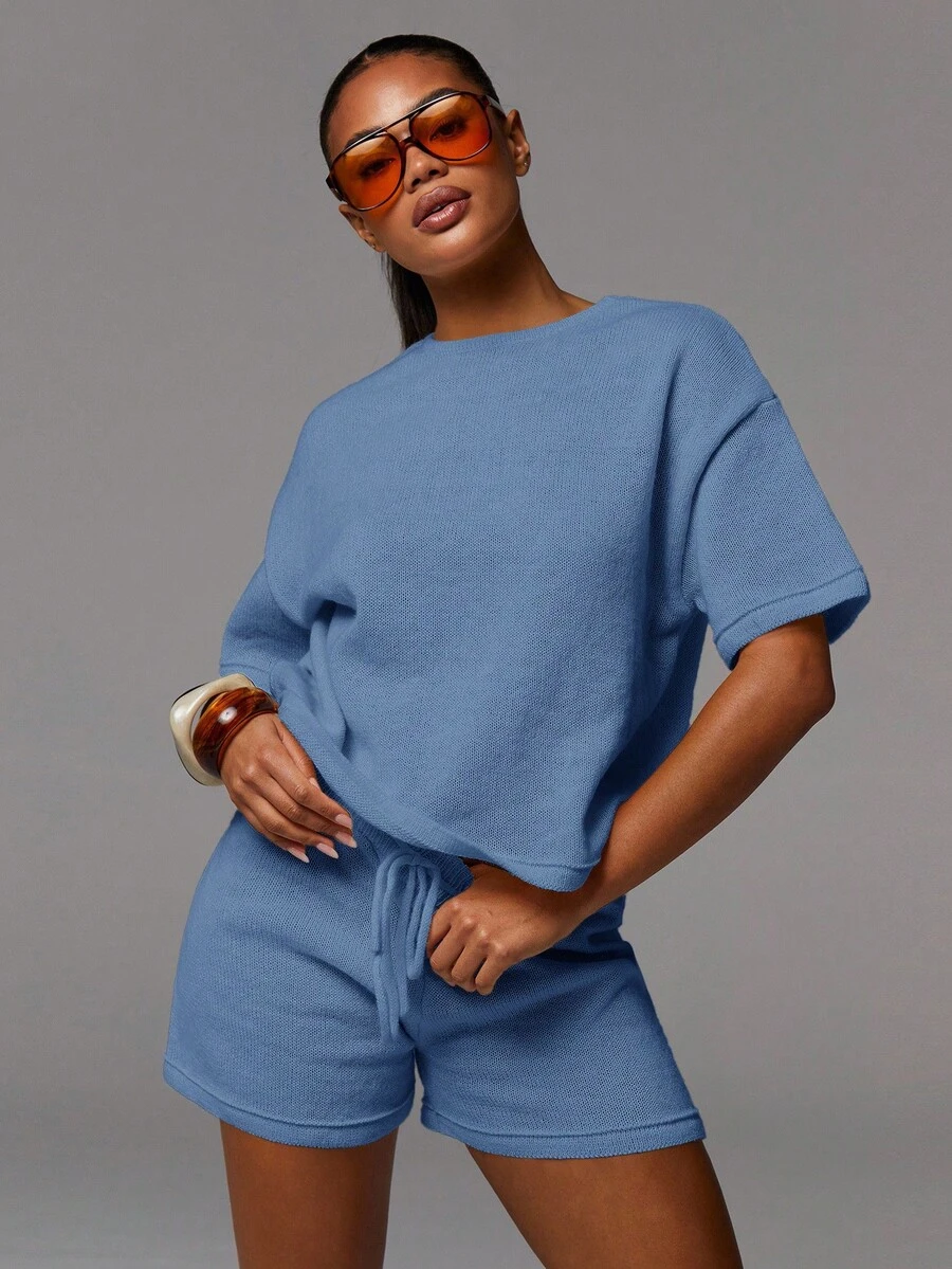 Athîral Bộ đồ dệt kim thường ngày 2 món dành cho nữ gồm áo thun và quần short. - Màu xanh nhạt - Xem 1