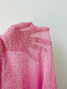 SHEIN EZwear Áo choàng poncho dệt kim mỏng nhẹ, màu xanh lá cây, viền xếp ly, dành cho nữ cỡ lớn, thích hợp cho các buổi đi chơi và hẹn hò mùa hè. - Hồng - Xem 7