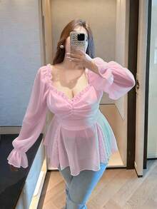 Vibekara New Arrival Sweet Elegant Chiffon & Lace Patchwork Puff Sleeve Blouse, Ruffle Hem Cropped Shirt For Women, Suitable For Spring, Summer, Fall - Pink - View 6