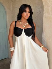 Rustia Plus Size Women's Elegant Black And White Color Block Spaghetti Strap Maxi Dress,Summer Holiday Vacation French Backless A-Line Pleated Dress - Multicolor - View 4