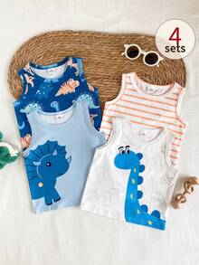 SHEIN Playful Pals 4件套男婴夏季无袖上衣，蓝色、白色、黄色、橙色，可爱动物印花，休闲可爱风格，适合日常户外玩耍、上学、度假、运动、聚会等场合。 - 彩色 - 查看 10