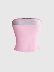 ROMWE Avant Áo nữ phong cách nghỉ dưỡng đảo nhiệt đới với họa tiết hoa dâm bụt, cây cọ, hoàng hôn, biển hồng và đính đá lấp lánh, kiểu Y2K. - Hồng - Xem 5