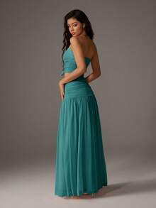 SHEIN PETITE Women's Mesh Solid Color Bandeau Top And Maxi Skirt 2 Pieces Set - Cadet Blue - View 2