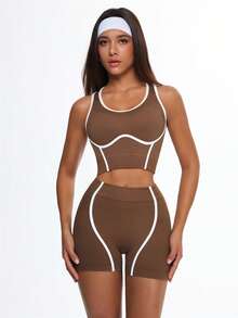 Glamine Women's Brown Seamless 2 Piece Set, Sports Bra Crop Top And High Waist Biker Shorts, White Contrast Trim, Stretchy Ribbed Workout Yoga Gym Activewear, Brown Workout Sets Women, Athletic Two Piece Set, Brown Sports Bra And Shorts Set, Brown Athletic Set, Brown Activewear Set - Coffee Brown - View 5