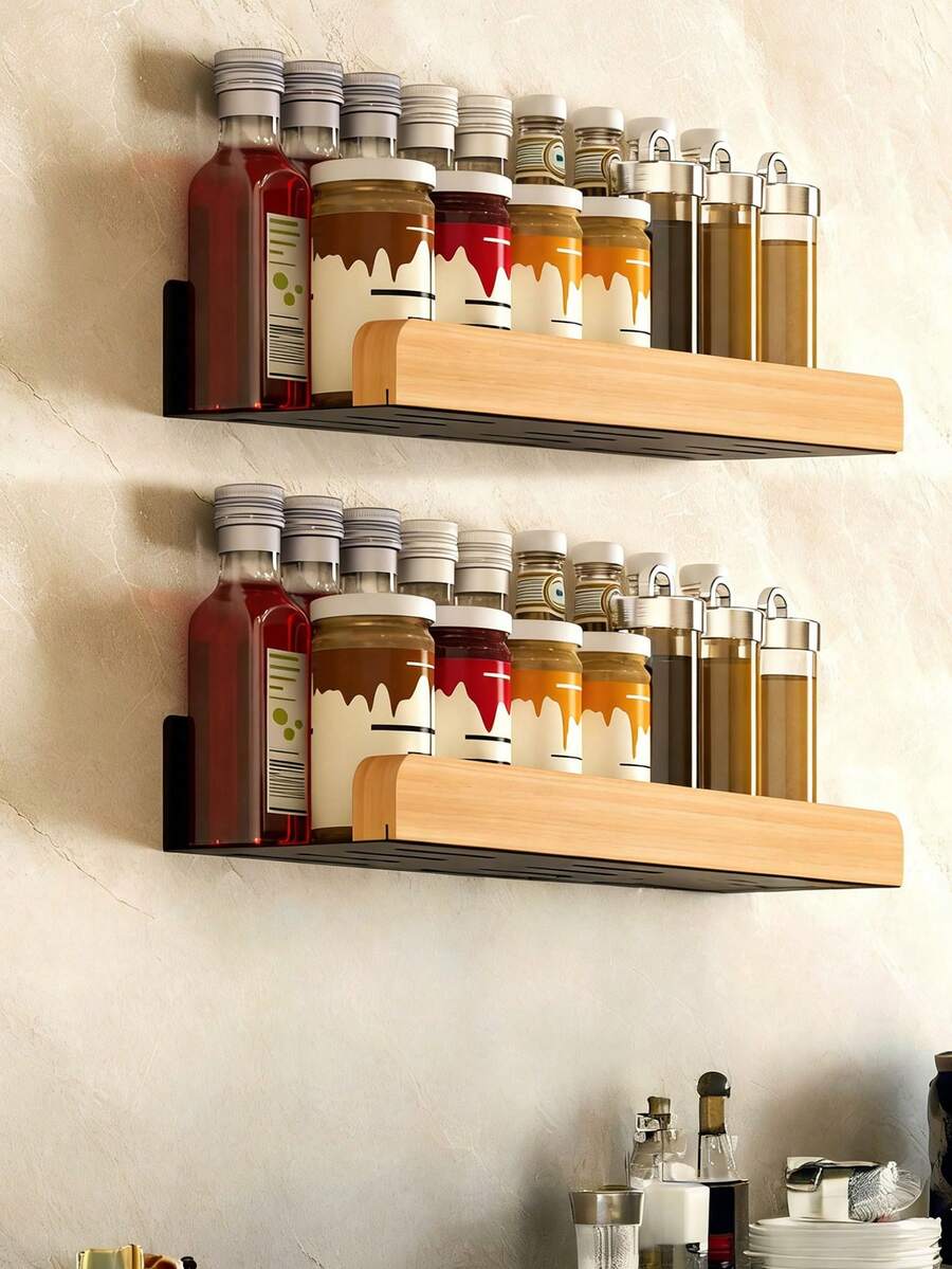 1 Spice Rack, Wall-Mounted Kitchen Storage Rack, With Wooden Guardrail And Utensil Hanger, Space-Saving Spice Storage Rack For Spice Jars, Seasonings, And Kitchen Utensils, Screw Or Self-Adhesive Installation, Practical Household Storage Shelf, Home Accessories - Multicolor - View 1