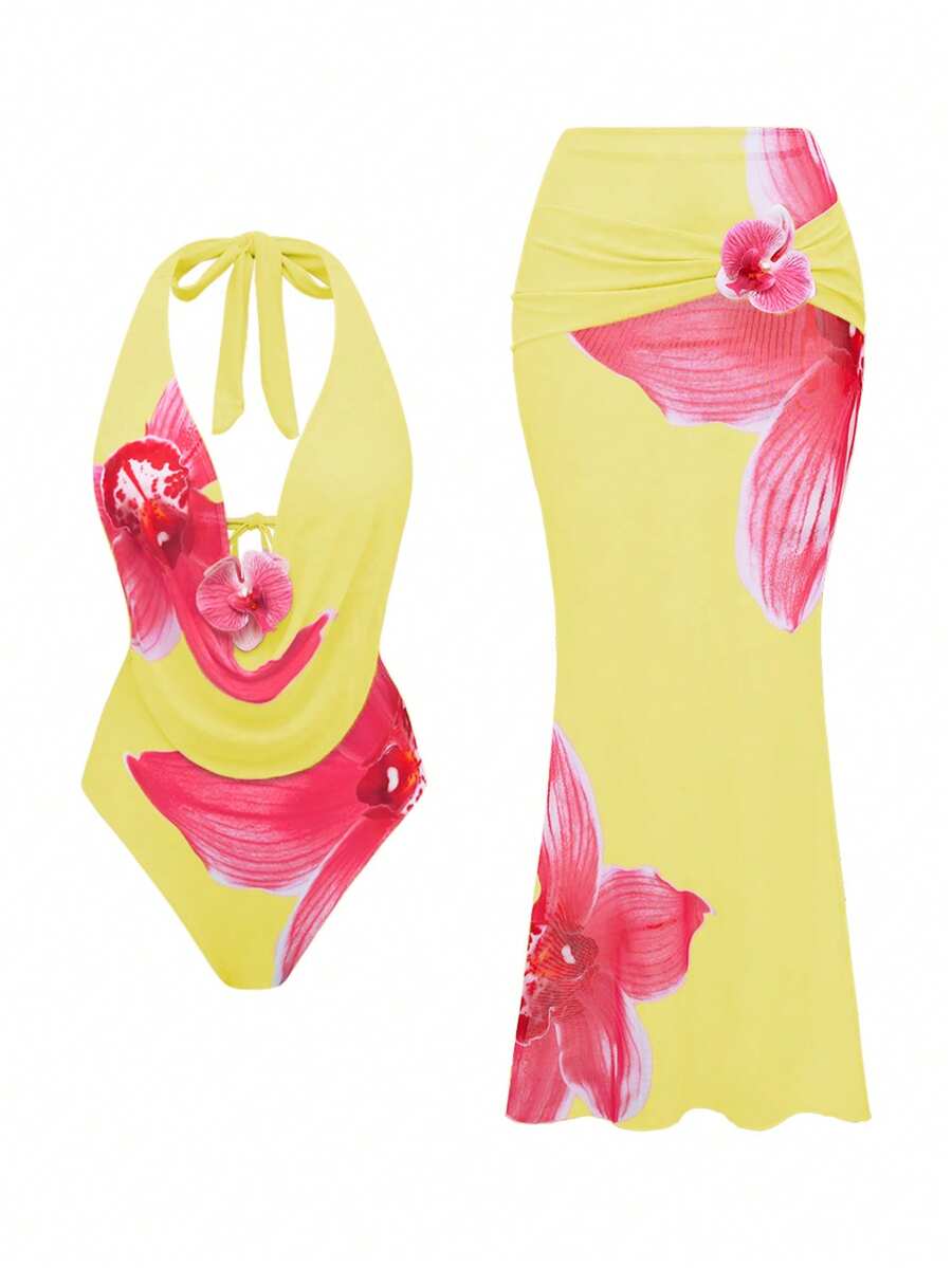 Swim Oasis 2件套 女士甜美优雅印花连体上衣+3D立体花卉+垂坠半身裙,春夏款 - 黃色 - 查看 1