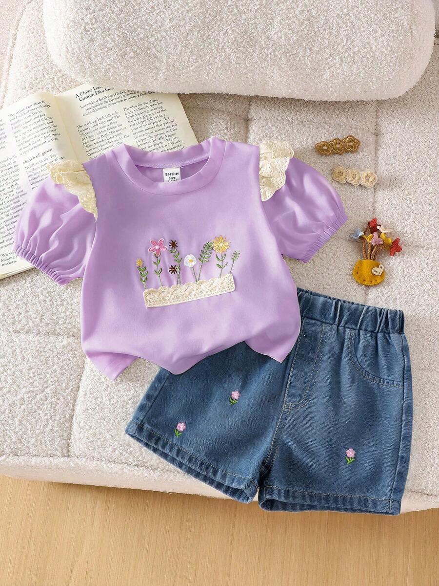 SHEIN Playful Pals 两件套女童夏季休闲可爱圆领短袖套装,包括一件绣花白色T恤和一条绣花短裤,整体可爱百搭,适合户外休闲穿着,舒适透气。 - 紫色 - 查看 1