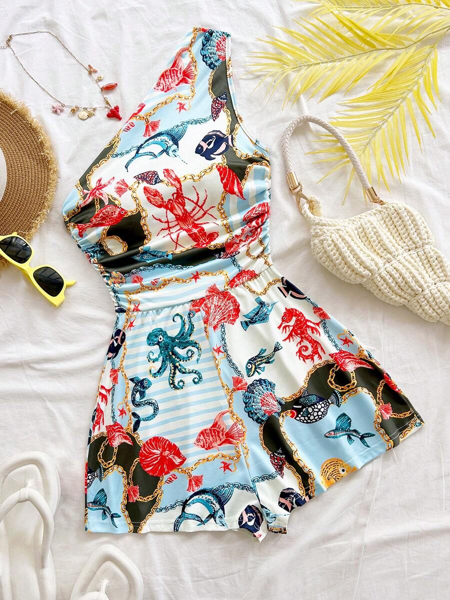 Soleia 女士不对称肩部连体裤，适合夏季度假、早午餐、母亲节、毕业典礼、教堂、海滩、音乐节、机场、下午茶等场合。 - 彩色 - 查看 1