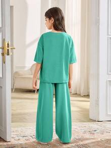 SHEIN 两件套少女休闲宽松舒适圆领短袖T恤和裤子套装 - 綠色 - 查看 8