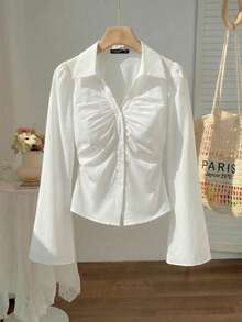 SHEIN MOD Áo cánh tay loe xếp nếp cổ chữ V cỡ lớn cho nữ, thắt eo, áo sơ mi dài tay, quần áo, áo cánh cài nút, dành cho nữ đi hòa nhạc, dành cho nữ đi sân bay, năm mới, ngày lễ tình nhân - trắng - Xem 5