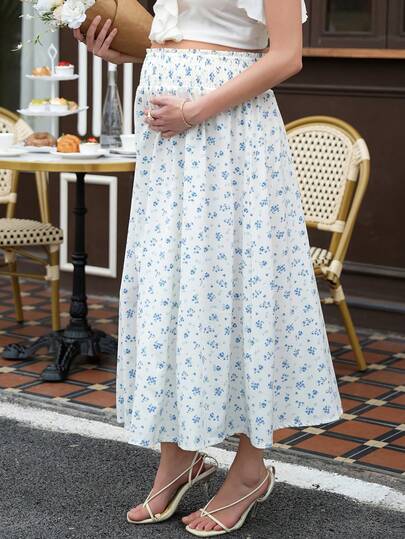 Momance 孕妇休闲碎花抽绳腰A字裙，适合春、夏、秋季穿着