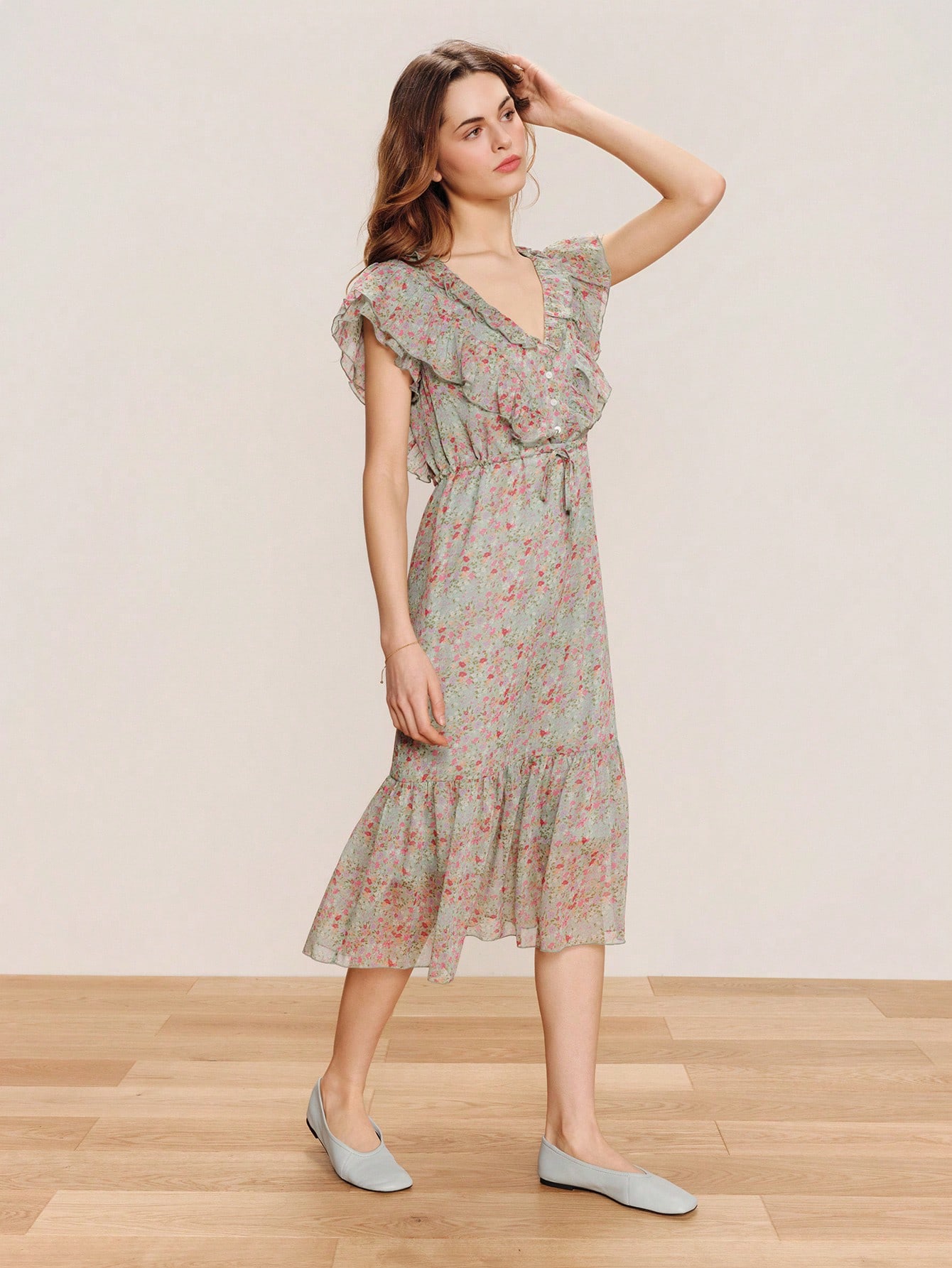 Green Floral-Print Ruffle Midi Dress With A V-Neckline And A Tie Waist Chic Style Spring Summer Vacation Dress Holiday Dress Wedding Guest Dress French Style Parisian Style Casual Dress