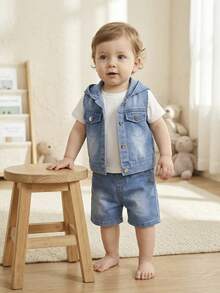 男婴牛仔套装，夏季新品。时尚休闲风。中蓝色水洗牛仔布，连帽背心搭配松紧腰牛仔短裤。轻盈柔软的针织牛仔面料，舒适亲肤。时尚男童必备单品。简约休闲风，适合夏季穿着，日常出行、派对、音乐节、度假等各种场合。男婴牛仔套装新品上市 - 中等水洗藍 - 查看 8