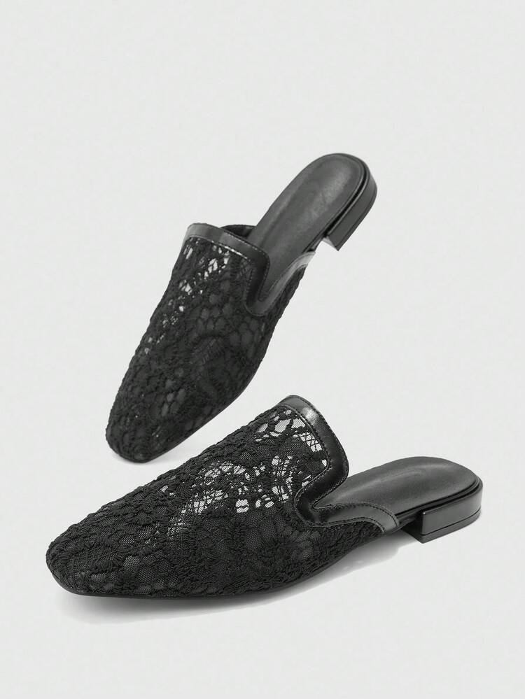 CUCCOO BIZCHIC Women's Square Toe Comfortable Fashion Black Lace Flat Loafers, Slip-On Mules, Versatile Casual & Work Flats