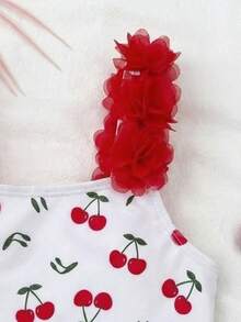 SHEIN 女童条纹蝴蝶结碎花连体泳衣，女童泳装，儿童泳衣，女童度假服，儿童沙滩装，女童泳衣 - 白色 - 查看 3