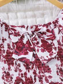 Sparklyn 女童印花连体衣，方领泡泡袖，夏季度假风 - 酒紅色 - 查看 4