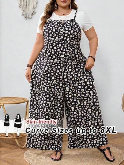 SHEIN CURVE+ プラスサイズ レディース カジュアル フローラル ジャンプスーツ スパゲッティストラップ、7月4日、7月1日/レッド、ホワイト、ブルー 卒業式アウトフィット、春夏ジャンプスーツ
