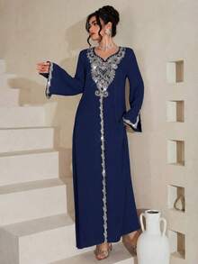 Al Najma Đầm maxi dài tay xẻ tà, dáng rộng, sang trọng, thêu và đính cườm, phong cách truyền thống Thổ Nhĩ Kỳ và Ả Rập. - Xanh đậm - Xem 3