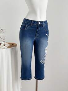 Elamini Quần jeans skinny dài đến 7/8, thêu họa tiết thời trang, đã qua xử lý giặt. - Rửa tối - Xem 3