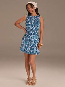 Athîral 女士休闲圆领无袖露肩修身迷你连衣裙 - 藍色 - 查看 3