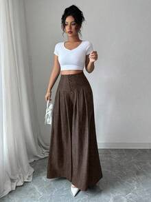 SHEIN Elenzya Women's Fashionable Loose Pleated Wide Leg Pants - Coffee Brown - View 6
