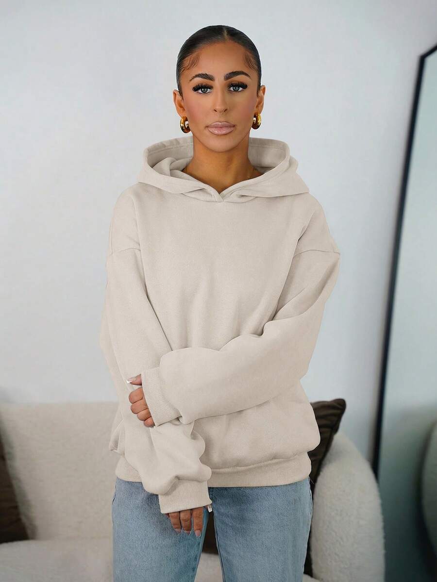 SAYEHFBABY Summer Outfits Women's Simple Casual Solid Green Color Pullover Hooded Long Sleeve Sweatshirt Without Drawstring Oversize - Apricot - View 1
