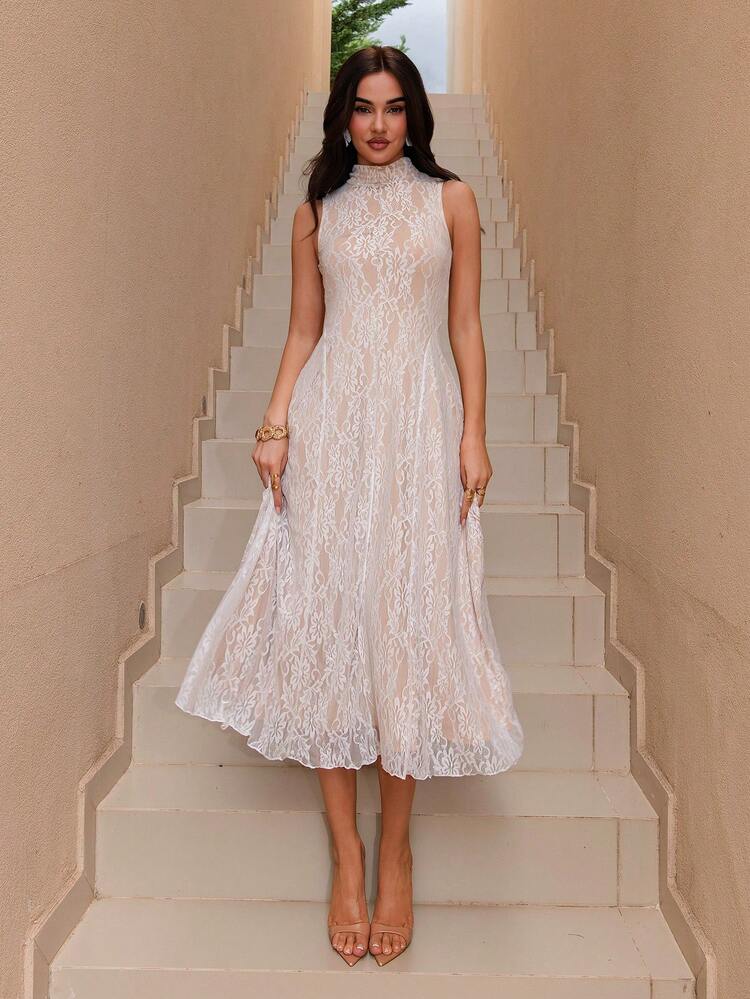 Bris Aura 立领喇叭杏色蕾丝优雅连衣裙 - 杏色 - 查看 6