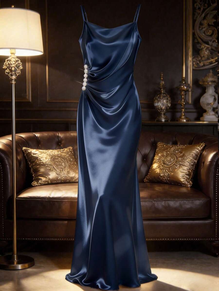 SHEIN Franclia Women's Elegant Satin Pearl Strap Long Dress - Navy Blue - View 1