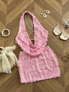 Elamini Sexy Crop Top With Plunging V-Neck And Backless Design, Paired With Bodycon Mini Skirt, Suitable For Spring/Summer - Pink - View 1