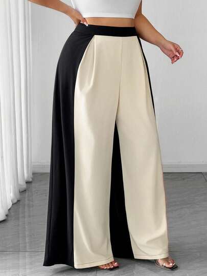 Elenzga 大码女式时尚优雅简约黑白褶裥阔腿裤，春夏款