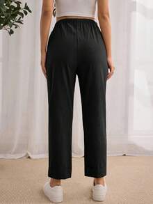 SHEIN Maternity Simple Solid Color Tie Front Pocket Casual Pants Fall - Black - View 2