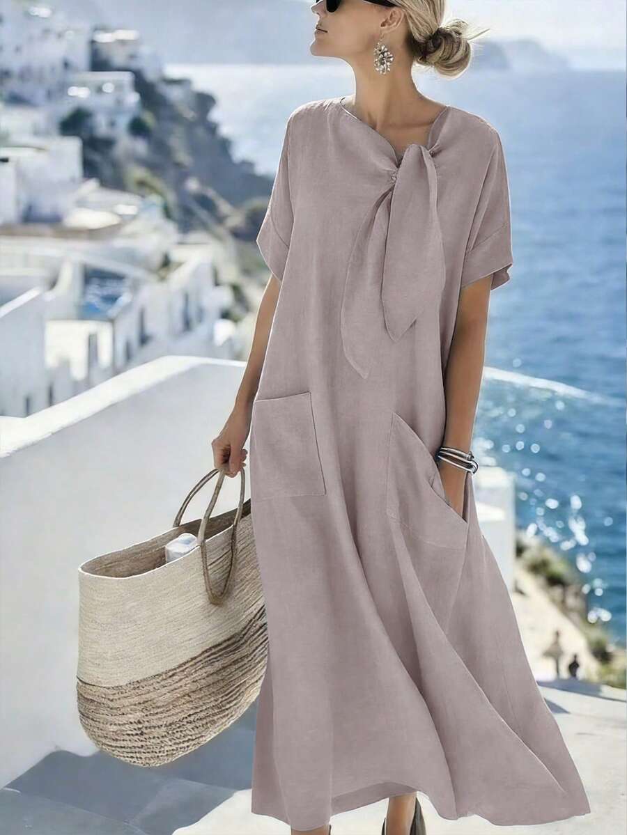 Louniche Women's Casual Vacation Denim Effect Texture Round Neck Tie-Up Pocket Dress, Comfortable For Spring/Summer - Light Grey - View 1