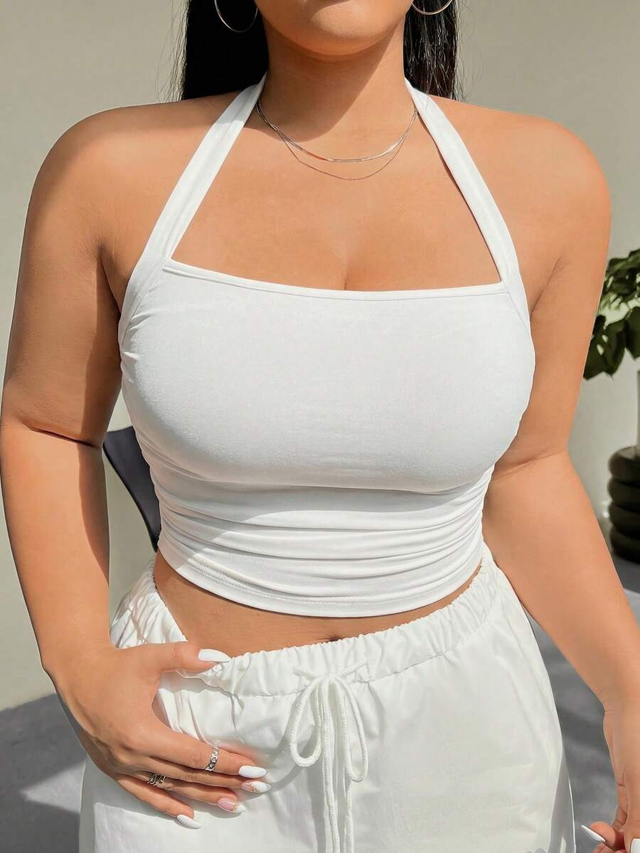SHEIN EZwear 白色加大码女式吊带褶皱腰背心 - 白色 - 查看 1
