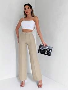 EURMUSE High Waist Seam Detail Straight Leg Suit Pants - Apricot - View 5