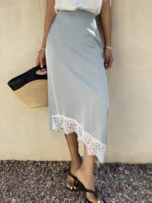 DAZY Women's Satin & Lace Patchwork Skirt, Spring/Summer - Blue - View 1