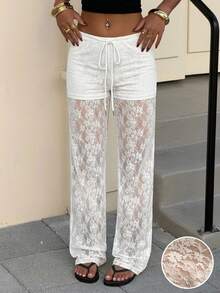 SHEIN EZwear Quần nữ màu trơn, có dây rút, kiểu dáng rộng rãi, thoải mái, phối ren. - trắng - Xem 3