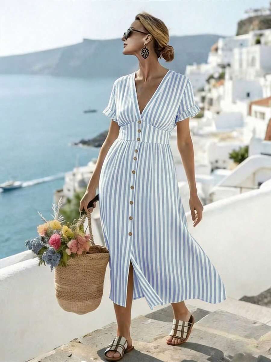 Parysyn Plus-Size Woven Striped Summer Women's Dress - Baby Blue - View 1