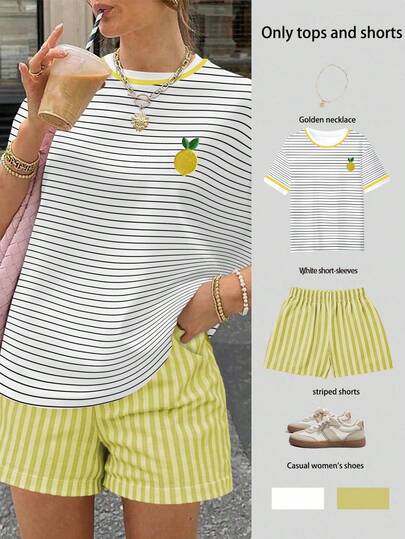 EMERY ROSE 2-Piece Set: Dopamine Lemon Embroidery Striped T-Shirt + Contrast Color Striped Shorts, Summer Fresh Lemon Embroidery Contrast Striped Casual Set, Y2K Sweet Girl Style Lemon Embroidery Contrast Striped T-Shirt & Shorts Set, INS Fresh Lemon Embroidery Striped Loose Casual 2-Piece Set, Retro American Lemon Embroidery Contrast Striped T-Shirt + Shorts Set, Commuting Casual Versatile Lemon Embroidery Striped 2-Piece Set