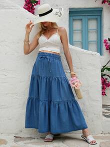 SHEIN Casual Denim Maternity Skirt With Tiered Ruffle Hem, Suitable For Spring And Summer - Blue - View 5