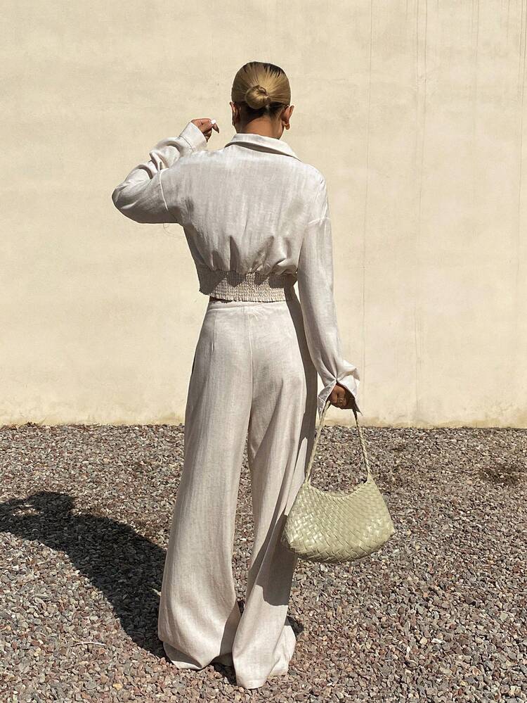 Women's Casual Loose Solid Color Short Sleeve Shirt And Wide Leg Pants Two Pieces Suit, Summer