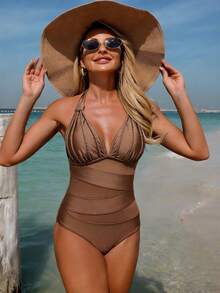 Swim Lushoire بدلة سباحة قطعة واحدة للنساء، لون القهوة، مصنوعة من شبكة محبوكة مضفرة وقطع ملائمة للاستخدام في العطلات الصيفية والشاطئ، مرنة وعملية - قهوة بني - مشاهدة 3