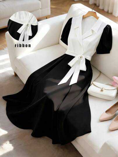 GlowEve CURVE Plus Size Patchwork Blazer Collar Petal Sleeve Waist Cinched A-Line Summer Dress For Women Elegant Dress For Women Retro Dresses For Woman Latest Dress French Style Dress High Quality Dress Working Dress For Women Woman Dress Wow Dress