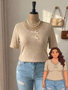 Feyla Plus Size Women Contrast Lace Round Neck Short Sleeve Bow Decor Fashion T-Shirt Knit Tops For Women Bow Tops For Women - Apricot - View 5