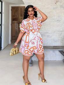 Veslaya Plus Size Women's White Summer Boho Vacation Holiday Floral Print Short Sleeve Shirt And Elastic Waist Shorts 2 Pieces Set,Chic Streetwear Outfits - Multicolor - View 2
