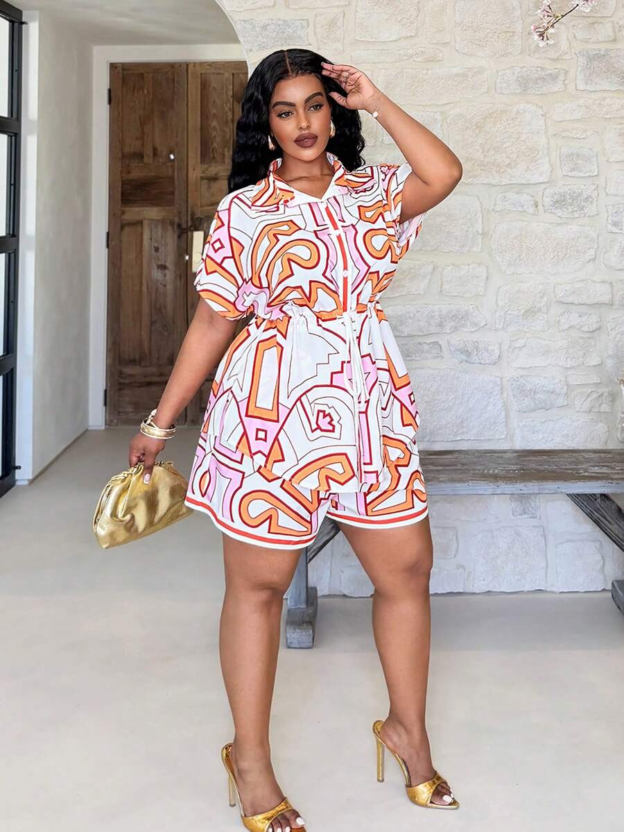 Veslaya Plus Size Women's White Summer Boho Vacation Holiday Floral Print Short Sleeve Shirt And Elastic Waist Shorts 2 Pieces Set,Chic Streetwear Outfits
